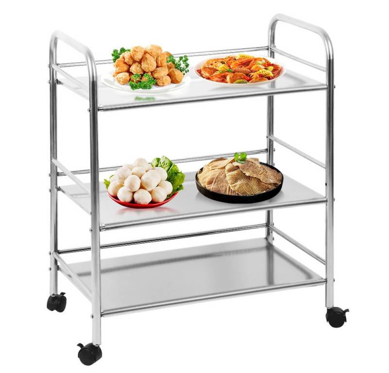 JEOBEST Servierwagen Küchenwagen Edelstahl mit 3 Ablagen Rollwagen 61 x 36 x 75cm, Hotel Servierwagen mit 4 Rädern, Abschließbar Räder, Kapazität 90 kg von JEOBEST