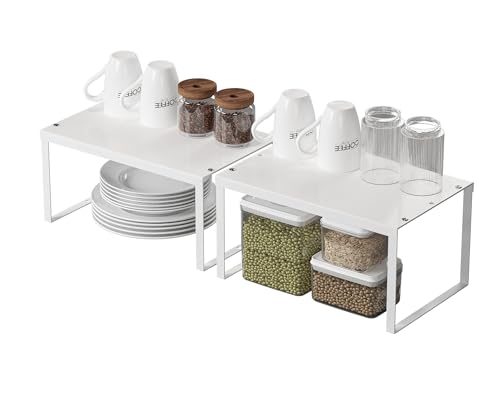 Regaleinsatz, 2er Set Metall Küchenschrank Organizer, Erweiterbar küchen Regal, Stapelbar Gewürzregal mit Anti-Rutsch Matte,Küche Schrankeinsatz für Schrank, Regaleinsatz, Arbeitsplatte, Weiß von JEPEErbz