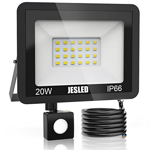 JESLED LED Strahler mit Bewegungsmelder, 20W 2200LM Superhell Strahler Außen, 6000K Kaltweiß Außenstrahler, IP66 Wasserdicht Scheinwerfer für Garten, Innenhöfe, Garage, Haus von JESLED