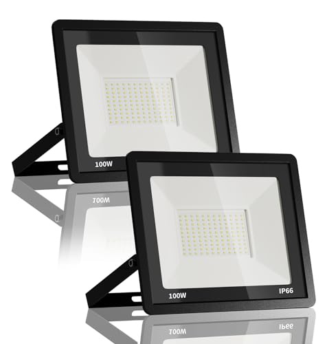 JESLED LED-Außenstrahler, 100 W, superhell, 10.000 lm, LED-Spot für Außen, 6000 K Kaltweiß, IP66 wasserdicht, Solarbetrieb – Ideal für Backyard, Driveway, Garage, Garten【2 Stück】 von JESLED
