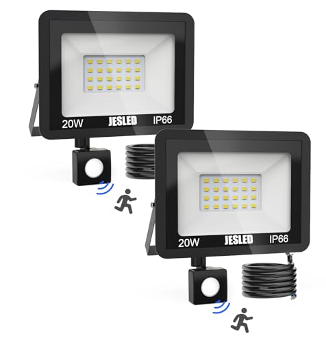 JESLED LED Strahler mit Bewegungsmelder, 20W 2200LM Superhell Strahler Außen, 6000K Kaltweiß Außenstrahler, IP66 Wasserdicht Scheinwerfer für Garten, Innenhöfe, Garage, Haus【2 Stück】 von JESLED