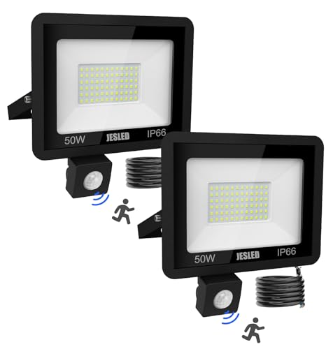 JESLED Led Außenstrahler, 50W Led Außenstrahler Bewegungsmelder, 4500LM 72LEDs 6000K für Garten, Patio, Garage, Eingang (2er Pack) von JESLED
