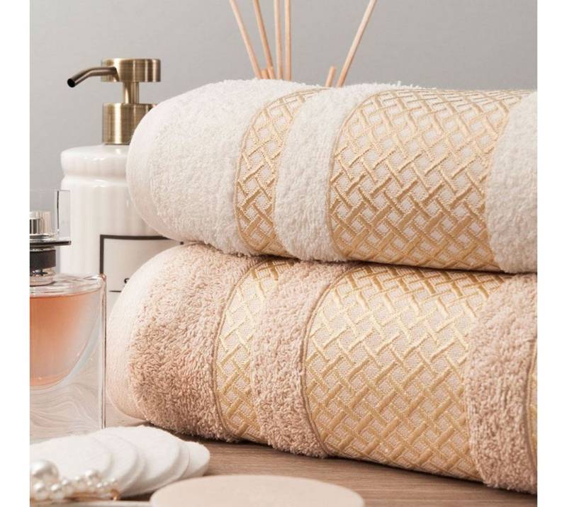 JESSIS TEX Handtücher Handtuch Set "EDEL" JESSIS TEX Baumwolle Creme mit Goldene Bordüre, (Spar Set, 4-St), modernes Muster, Edel Handtücher mit Bordüre, 100% Baumwolle von JESSIS TEX