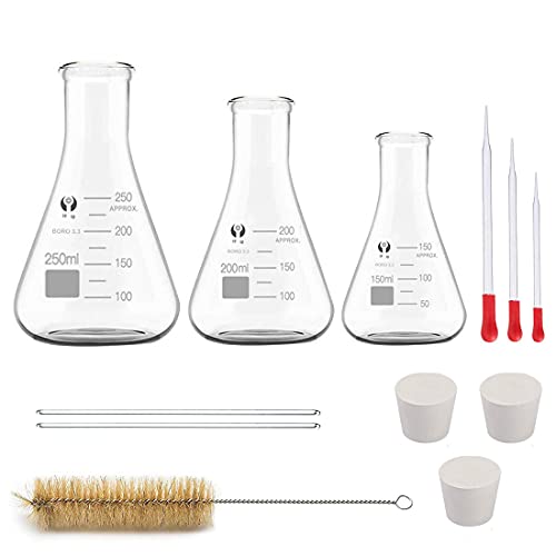 Glas Erlenmeyerkolben Set, JESTOOLO 250ml 200ml 150ml Konisch Fläschchen, 10 ml/5ml Messzylinder Glas mit 3 Glas Pipetten, 2 Waschbürste und 2 Glasstab, für Labor Lebensmittel Forschung Medizin von JESSTOLO