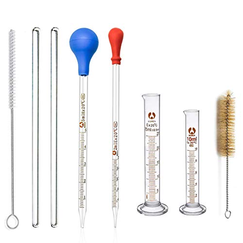 Glas Pipetten Glasmesszylinder Set, JESSTOLO 2 Stücke Große Silikagel Messpipetten Pipetten 2ml 5ml, 2 Stück Graduierten Glasmesszylinder 10ml 25ml, mit 2 Stück Waschbürste und Glas Rührstab von JESSTOLO