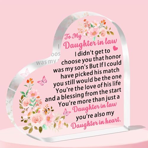 JETTOP Geschenk für Schwiegertochter, Geschenk für Schwiegertochter, Geburtstag, Jahrestag, Hochzeit, Geschenk für Sohn und Schwiegertochter, Herzschild, Acryl, "You're Also My Daughter In Heart" von JETTOP