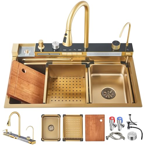 JETXYHUB 68×45cm Gold Multifunktionale Küchenspüle Aus Edelstahl Mit Wasserfall-Effekt,Große Arbeitsstationsspüle,Einzelbecken-Spüle Mit Aufsatzmontage, Mit Abflussknopf Und Komplettem Zubehör von JETXYHUB