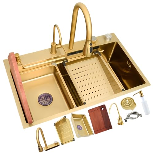 JETXYHUB Goldene Wasserfall-Küchenspüle, Multifunktionale Barspüle Aus Verdicktem Edelstahl Mit Nanobeschichtung, Einzelbecken-Arbeitsplatzspüle, Komplettes Zubehör(68x45x22cm) von JETXYHUB