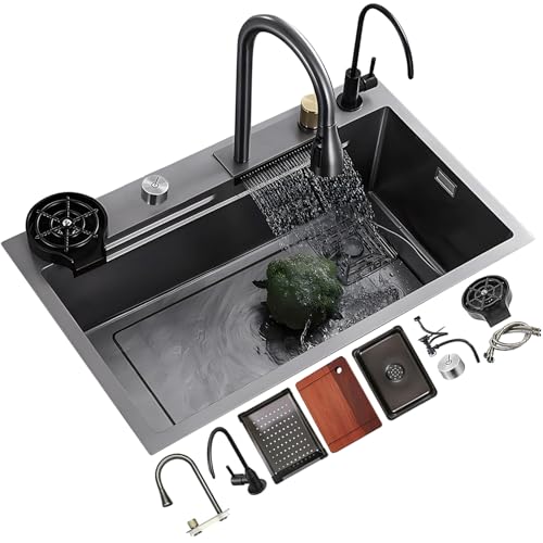 JETXYHUB Grau-Schwarze Nano-Küchenspüle Aus Edelstahl, Große Arbeitsstationsspüle, Bar-Wasserfall-Einzelspüle Mit Ausziehbarem Wasserhahn, Abflussknopf Und Komplettem Zubehör(80x45x22cm) von JETXYHUB
