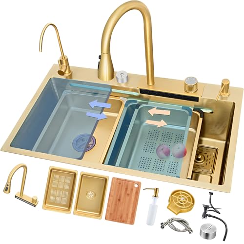 JETXYHUB Multifunktionale Küchenspüle Aus Edelstahl Mit Wasserfall-Effekt, Große Arbeitsstationsspüle, Einzelbecken-Spüle Mit Aufsatzmontage, Mit Abflussknopf Und Komplettem Zubehör(Gold,75x45x22cm) von JETXYHUB