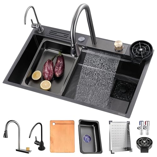 Küchen-Workstation-Spüle, Multifunktions-Küchenspüle Aus Edelstahl, Großes Einzelbecken-Wasserfall-Spülbecken, Verdicktes Handgefertigtes Nano-Spülbecken, Mit Glasspüler, Messerhalterbox(75x45x22cm) von JETXYHUB