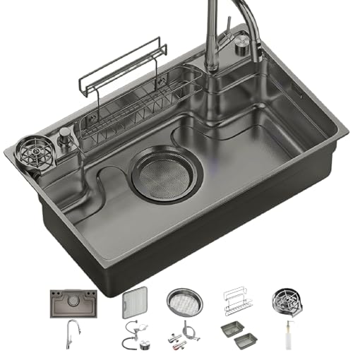 Küchenarbeitsplatz-Spüle, digitale Anzeige, Einzelbecken-Wasserfallspüle, handgefertigtes Spülbecken aus Edelstahl, mit multifunktionalem Wasserhahn und Zubehör(Gunmetal Gray,78x48x22) von JETXYHUB