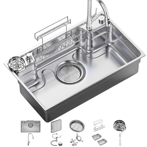 Küchenarbeitsplatz-Spüle, digitale Anzeige, Einzelbecken-Wasserfallspüle, handgefertigtes Spülbecken aus Edelstahl, mit multifunktionalem Wasserhahn und Zubehör(Silver White,78x48x22) von JETXYHUB