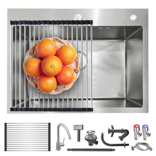 Küchenspüle Edelstahl Modern,Küchenspüle 1 Becken Rechteckig Klein Spülbecken Mit Armatur Inox, Einbauspüle Küchenspüle Mit Aufrollbarer Abtropffläche Und Seifenspender(Silver-a,55x45cm) von JETXYHUB
