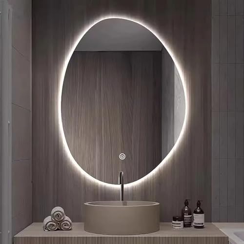 JEUSHX Asymmetrischer LED-Spiegel, Wand-Schminkspiegel, Badezimmerspiegel mit Lichtern, rahmenloser beleuchteter Spiegel, Touch-Steuerung, 3-farbig dimmbar, einstellbare Helligkeit, wasserdicht von JEUSHX