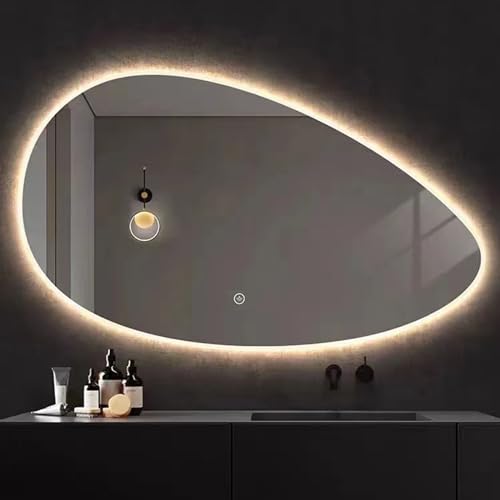 Unregelmäßiger Ovaler Beleuchtet Spiegel, Wand Badezimmerspiegel, Großer Asymmetrisch Schminkspiegel Mit Lichtern, 3-farben LED Verstellbar, Touch-schalter, Wasserdicht, 80x50cm/90x60cm/100x60cm von JEUSHX