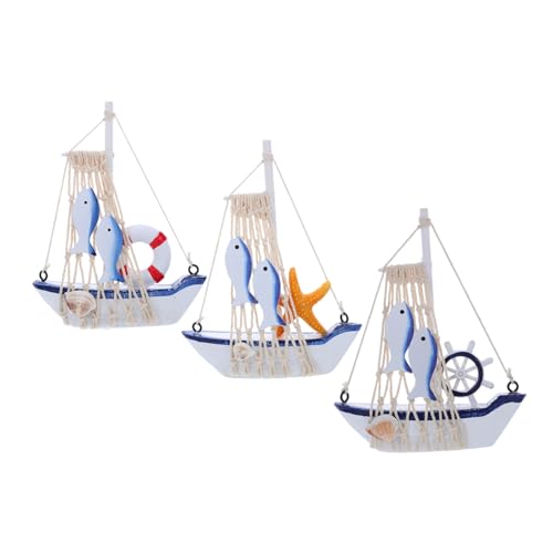 JEWEDECO 3 Stück Teiliges Handgeschnitzte Holz Segelboot Figuren mit Vintage Maritimem Design Kompakt und Dekorativ für Strand Küsten und Meer Deko als Tisch und Regaldekoration von JEWEDECO