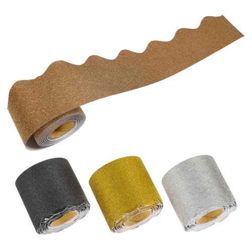 JEWEDECO 4 Rollen Pinnwand Bordüren mit Gewelltem Glitzernde Dekoration in Gold Silber Schwarz Braun Papiermaterial Vielseitig für Klassenzimmer Pinnwände Whiteboard Türen Fenster Leicht von JEWEDECO
