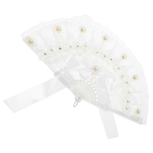 JEWEDECO Handfächer aus Spitze mit Blumenverzierung Handgefertigter Faltbarer Brautfächer für Hochzeit Tanzaufführung und Party Eleganter Spitzenventilator mit Strass Langlebiges Design von JEWEDECO