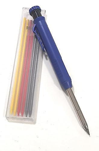 JEYEFFE Zimmermanns-Bleistift mit 7 Nachfüllungen und integriertem Anspitzer – Präzisionswerkzeug zum Markieren tiefer Löcher auf Holz und harten Oberflächen – ideal für Tischler und Maurer (blau) von JEYEFFE