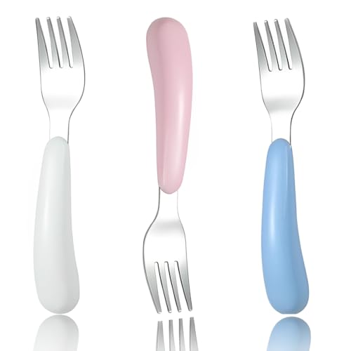 JEYORZY 3 Set Baby Besteckset| Kinderbesteck ab 1 jahr| Silikon KinderBesteck Edelstahl, Kinder Besteck, Kinder Gabeln Selbsternährend Baby Kleinkinder Gabel hält Anti-Choke-Design(Mehrfarbig) von JEYORZY