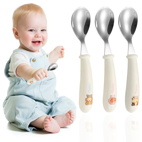 JEYORZY 3 Set Kinder und Baby Besteckset, KinderBesteck Edelstahl, Kleinkind Löffel Set, Silikon Edelstahl Baby Besteckset Löffel mit Silikon Halten Anti-Choke Design, BPA Frei Lernbesteck von JEYORZY
