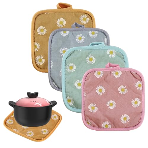 JEYORZY 4er Set Topflappen Baumwolle, 17 * 17cm Hitzebestaendig Topflappen Waschbare Schutzlappe zum Kochen Backen Küchenzubehör(Gänseblümchen) von JEYORZY