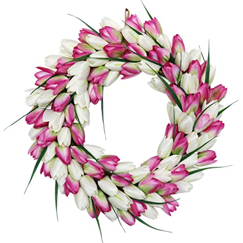 JFBUCF Tulpen-Kranz, Blumenkranz für Haustür, 40 cm, künstliche Seide, Tulpen-Kranz, Frühlingskranz, Girlande für Zuhause, Hochzeit, Valentinstag, Dekoration, Rosa + Weiß von JFBUCF