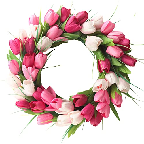 JFBUCF Tulpen-Kranz Blumenkranz für Haustür, 40 cm künstliche Seidentulpen Kränze Frühling Türkranz Girlande für Zuhause Hochzeit Valentinstag Dekor, Rosa von JFBUCF