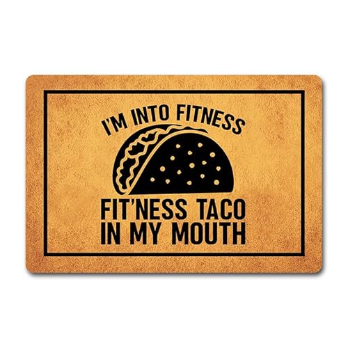 Humorvolle Gummi-Fußmatte für den Eingangsbereich, rutschfest, lustige Fußmatte mit Aufschrift "I'm Into Fitness Taco in My Mouth", für den Innen- und Außenbereich Humorvolle Gummi-Fußmatte für den Eingangsbereich, rutschfest, lustige Fußmatte mit Aufschrift "I'm Into Fitness Taco in My Mouth", für den Innen- und Außenbereich von JFFBFF