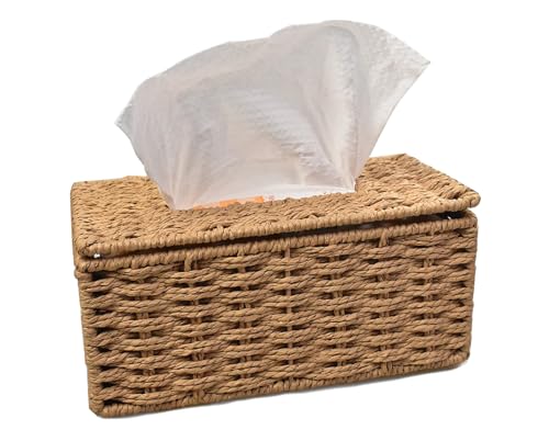 Dekorativer gewebter, rechteckiger Taschentuchbox-Halter mit leicht zu öffnender Oberseite, Badezimmer-Dekor, Gesichtstücherabdeckung mit stabilem Papierseil-Material (Khaki, klein) von JFFCESTORE