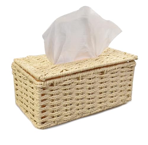 Dekorativer gewebter rechteckiger Taschentuchbox-Halter mit leicht zu öffnender Oberseite, Badezimmer-Dekoration, Gesichtstücherabdeckung mit stabilem Papierseil-Material (beige, klein) von JFFCESTORE