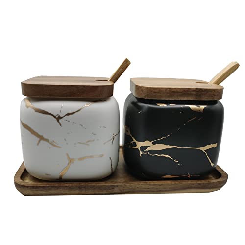 JFFLYIT 2 Sets Marmor-Keramik-Zuckerdosen mit Holzdeckel und Holzlöffel (schwarz und weiß) von JFFLYIT