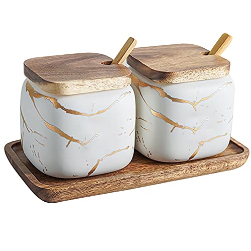JFFLYIT 2 Sets von Marmor-Keramik-Zuckerdose, Keramik, Gewürzdosen mit Holzdeckel und Holzlöffel (weiß) von JFFLYIT