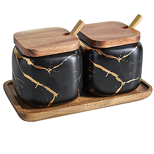 JFFLYIT 2 Sets von Marmor-Keramik-Zuckerdose mit Holzdeckel und Holzlöffel (schwarz) von JFFLYIT