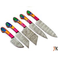 Handgemachtes Damaskus Koch Set Von 5 Stück Mit Leder, Damaskus Messer Set, Damaskus Chef Messer, Vollküche Set, Hochzeitsgeschenk von JFKCutlery