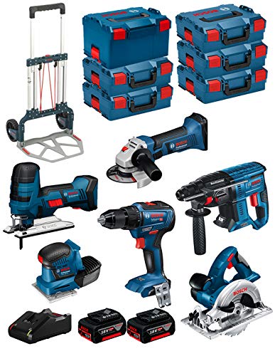 BOSCH Kit 18V BK601 (GST 18 V-LI S + GKS 18 V-LI + GSS 18V-10 + GSR 18V-55 + GBH 18V-21 + GWS 18-125 V-LI + 2 Batterien 4,0 Ah + Ladegerät + 5 x L-Boxx 136 + L-Box 238 + Caddy) von JG todotaladros