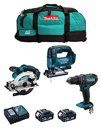Kit MAKITA MK302 (Schlagbohrschrauber DHP482 + Handkreissäge DSS610 + Pendelhubstichsäge DJV182 + 2 Batterien 5,0 Ah + Ladegerät + LXT600) von Makita