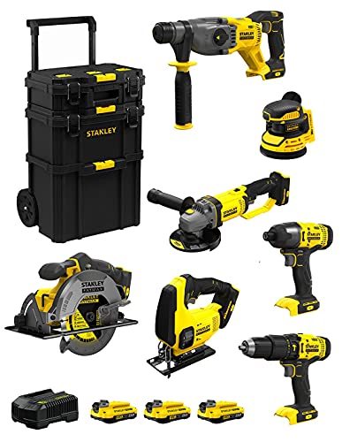 STANLEY FatMax Kit SVK706 (SFMCH900 + SFMCG400 + SFMCD711 + SFMCF800 + SFMCS500 + SFMCS600 + SFMCW220 + 3 Batterien 2,0 Ah + Ladegerät + Caddy 3in1) von JG todotaladros