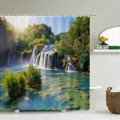 JGGXHM 3D-Gedruckter Wasserfall-Waldlandschafts-Duschvorhang aus Polyestergewebe, wasserdichter Badezimmervorhang mit Haken, Badevorhang 80x180cm/WxH duschvorhang waschbar JGGXHM 3D-Gedruckter Wasserfall-Waldlandschafts-Duschvorhang aus Polyestergewebe, wasserdichter Badezimmervorhang mit Haken, Badevorhang 80x180cm/WxH duschvorhang waschbar von JGGXHM