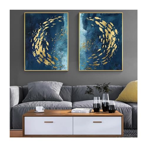 JGGXHM Abstrakte goldene Fische, Wandkunst, Gemälde, modernes blaues Meer, Fluss, Poster und Drucke, Heimdekoration, Bilder für Wohnzimmer – (35 x 55 cm x 2), 14 x 22 Zoll, rahmenlos von JGGXHM