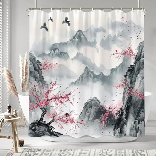 JGGXHM Chinesische Tuschmalerei Duschvorhang Rote Pflaume Tiers Berge Muster Polyester Stoff Duschvorhänge Badezimmer Dekor 230x200cm/WxH Bad Vorhang von JGGXHM