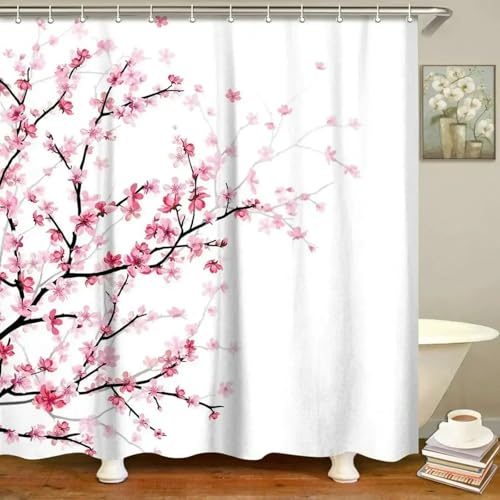JGGXHM Duschvorhang mit rosa blühenden Blumen, japanische chinesische Kirschpflaume, Pfirsich, Badezimmer-Wanddekoration, Haken, wasserdichter Polyester-Bildschirm 85x210cm/WxH Bad Vorhang von JGGXHM