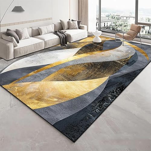 JGGXHM Moderner Teppich mit Goldener Geometrie für das Wohnzimmer, leichte Luxusteppiche für die Schlafzimmerdekoration, große Lounge-Sofa-Seitenfußmatten 90x160cm von JGGXHM
