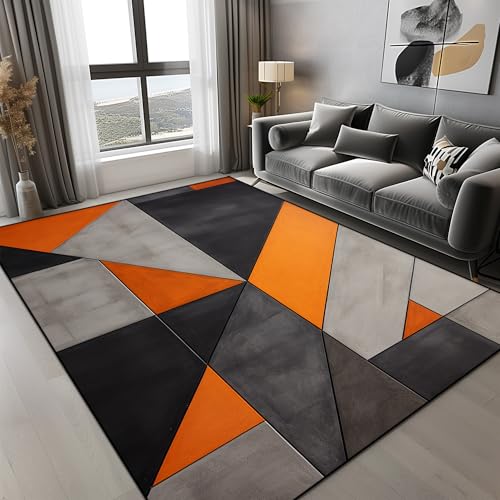 JGGXHM Orangefarbener geometrischer Teppich für das Wohnzimmer, Moderne Luxusdekoration, Heimteppiche für das Schlafzimmer, große rutschfeste Bodenmatte (120 x 150 cm) von JGGXHM