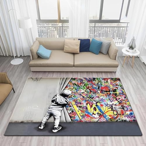 JGGXHM Teppich mit Banksy-Street-Graffiti-Kunstdruck, Rutschfester Teppich, große Teppiche für Wohnzimmer, Küchenteppiche, Hauseingangsmatte, 100 x 140 cm von JGGXHM
