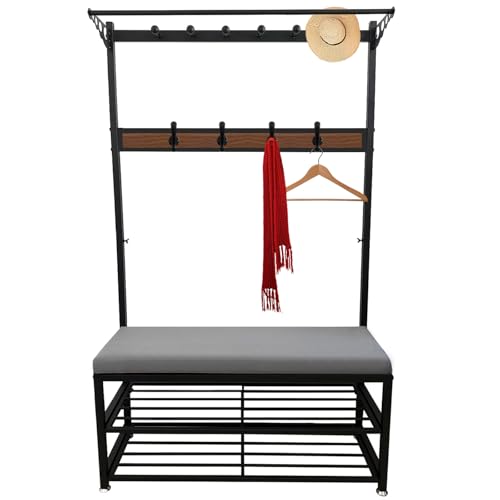 JGJSQYY Coat Stand with Bench, Freestanding Coat Rack with Shoe Rack, 2 Shelves, Metal Clothes Rack with 14 Hooks and Seat, Industrial Style Durable for Bedroom, Living Room and Office von JGJSQYY