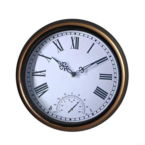 Batteriebetriebene 30,5 cm wasserdichte Retro-Wanduhr mit leisem nicht tickendem Uhrwerk und integriertem Thermometer für drinnen und draußen von JGmotorfi
