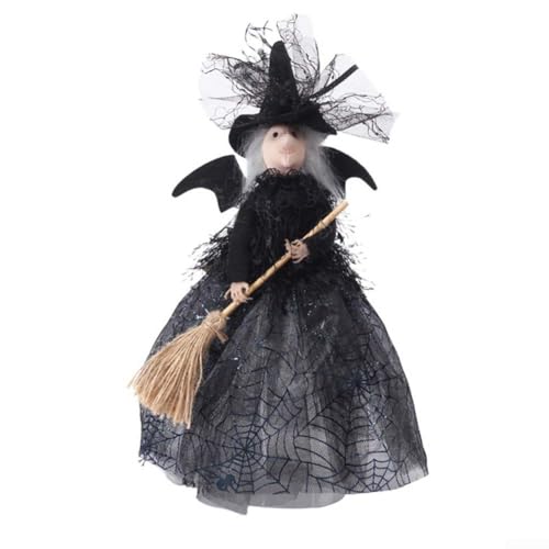 Halloween-Hexenpuppe mit Besenstiel für Tisch und Halloween-Baum, mit stabiler Basis und Pailletten-Spinnennetz-Rock (grün) von JGmotorfi