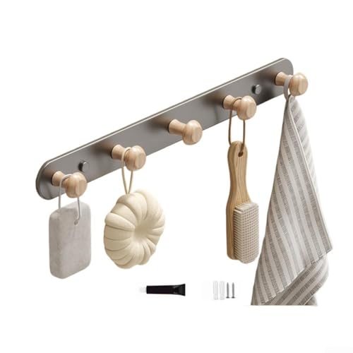 JGmotorfi Wandgarderobe mit 5 Holzhaken zum Aufhängen von Kleidung und Accessoires, hergestellt mit stabiler Rückseite aus Karbonstahl (grau) – 5 Haken) von JGmotorfi